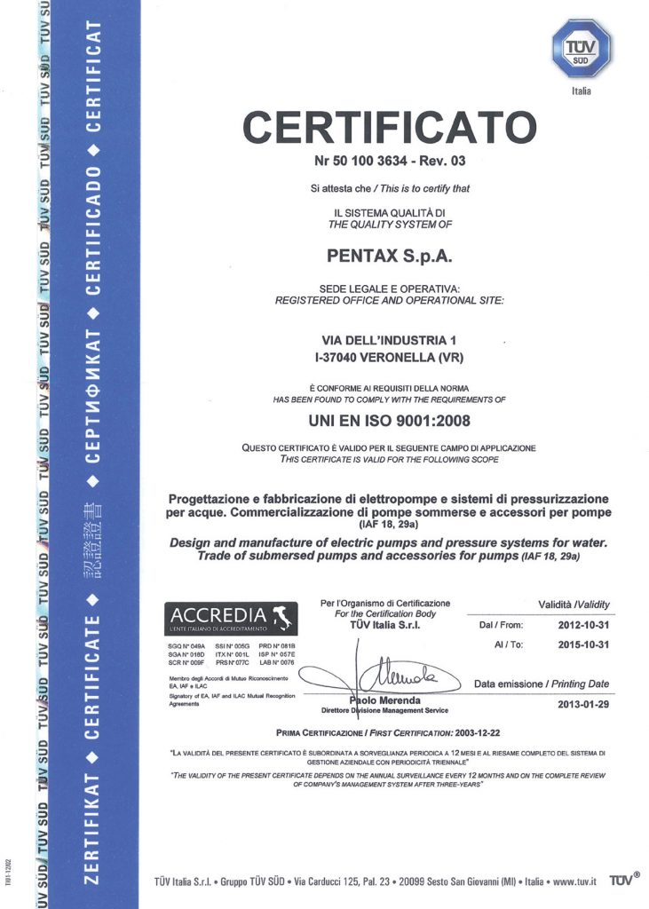 Catalogue máy bơm Pentax Ý