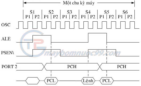 Giản đồ thời gian của chu kỳ tìm nạp lệnh ở bộ nhớ chương trình ngoài