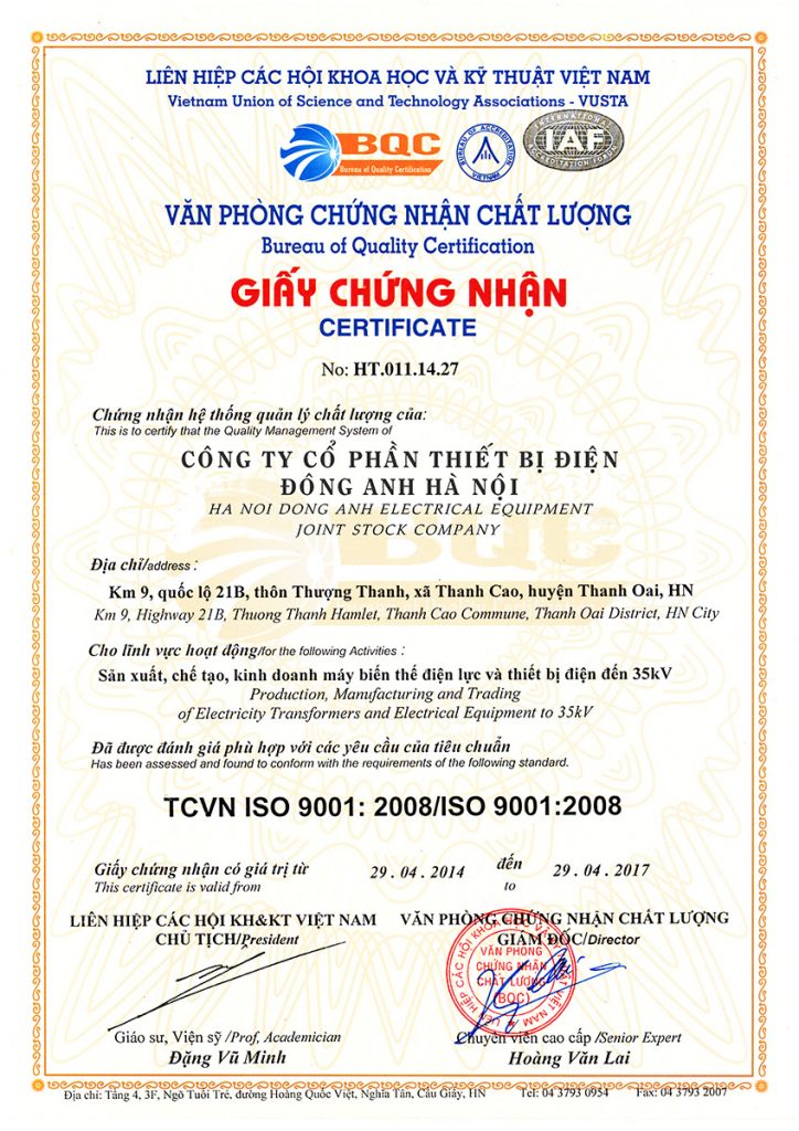 Chứng chỉ chất lượng máy biến áp Đông Anh Hà Nội