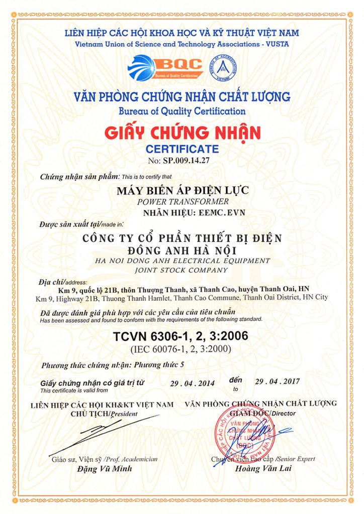 Chứng chỉ chất lượng máy biến áp Đông Anh Hà Nội