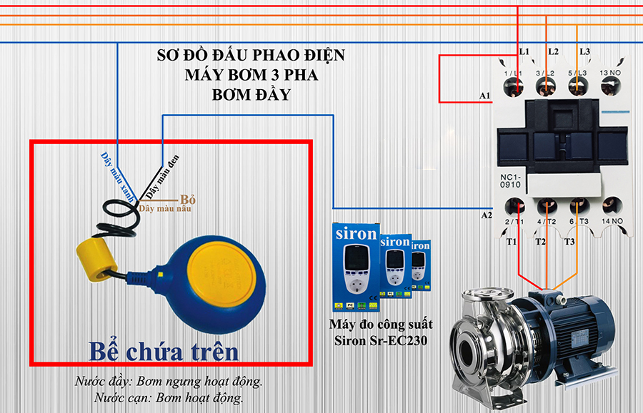 Đấu phao điện 3 pha cho bơm chống tràn