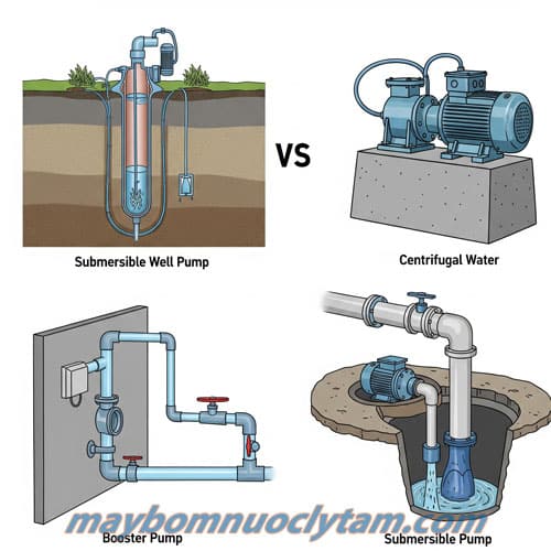 So sánh máy bơm giếng khoan với các dòng máy bơm khác